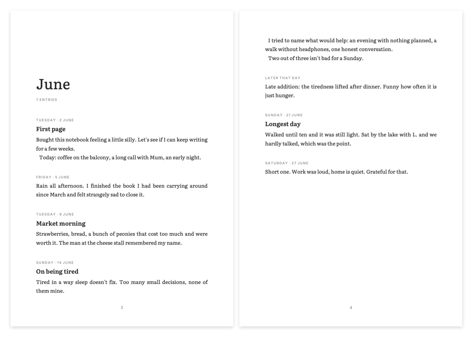 Two pages of a year set as a book: June, with dated entries in Literata.